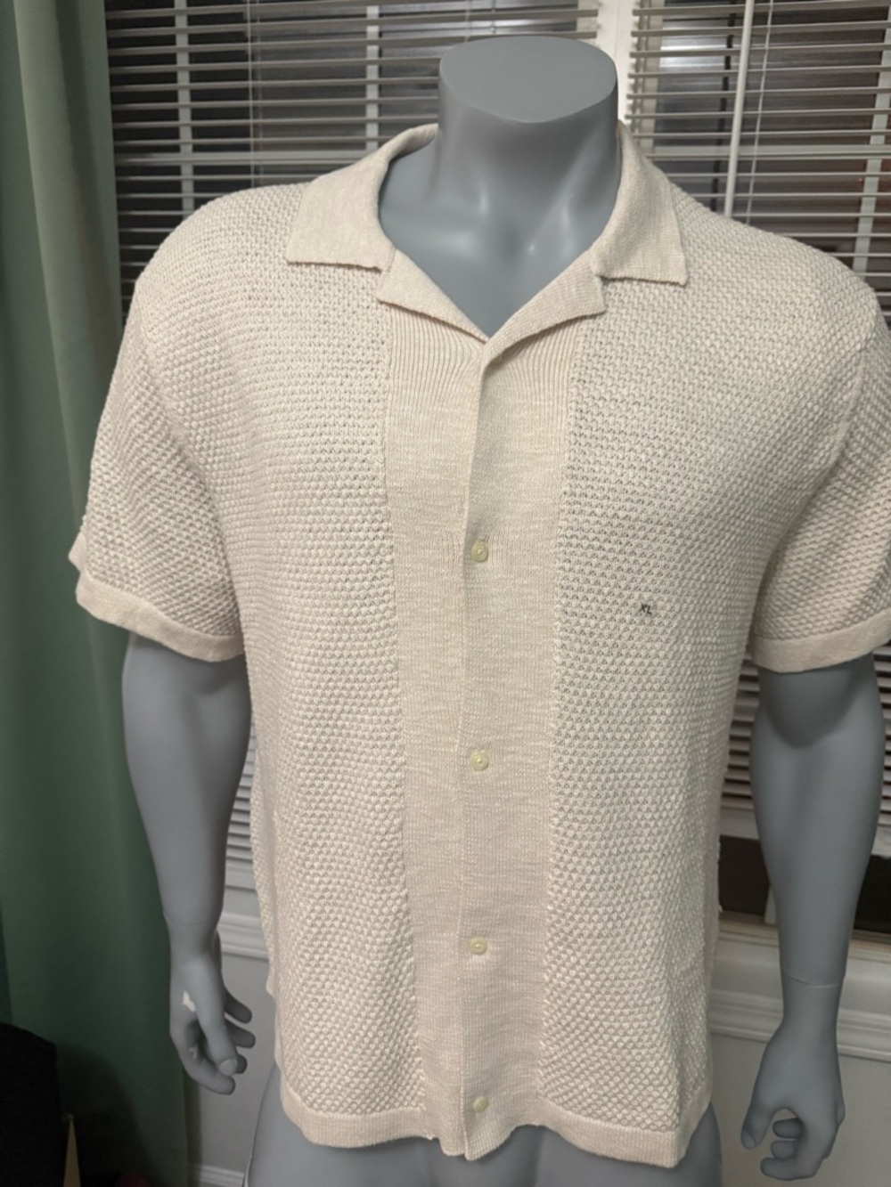 American Eagle Outfitters Cream Short-Sleeve Knit Button-Down Shirt